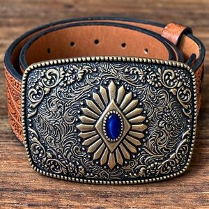 Western Engraved Belt Buckle Blue Stone Tooled Leather Cowgirl Belt